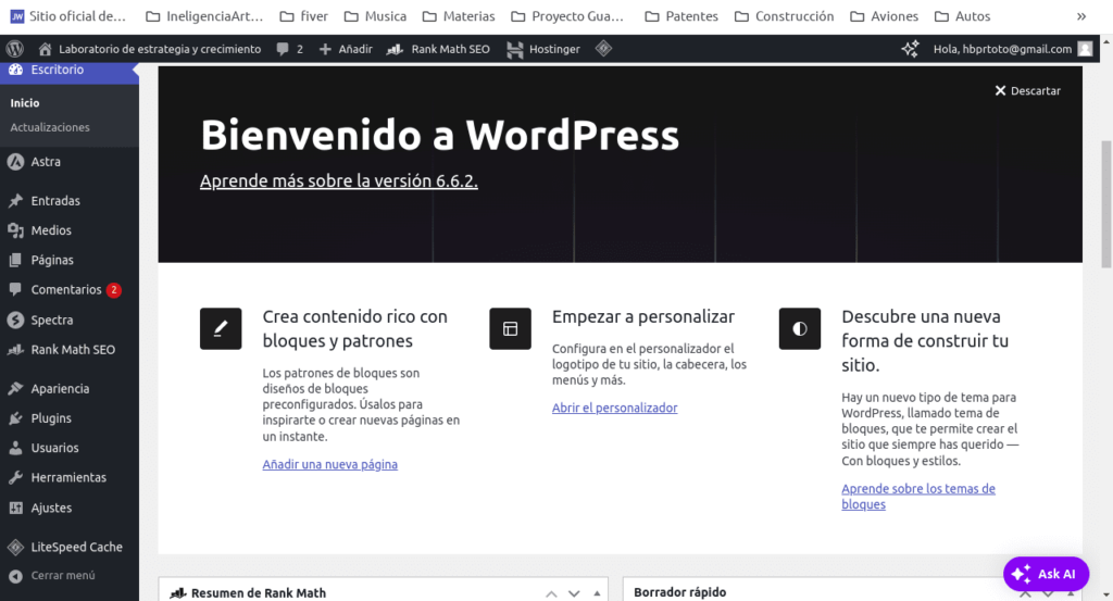 Panel de bienvenida de WordPress. Crear un blog con wordpress paso a paso